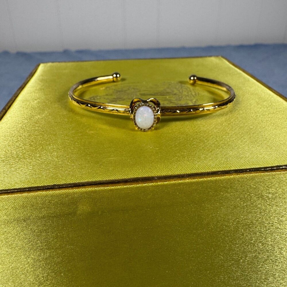 Gold Tone Opal Look Cabochon Open Cuff Bracelet Engraved Band Unsigned